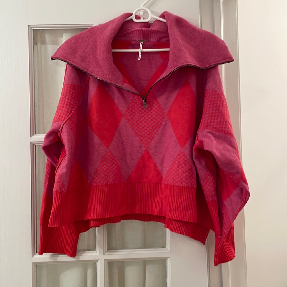 Free People Red and Pink Argyle Sweater